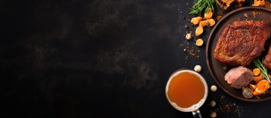 Poster - A plate containing cooked meat and fresh carrots, served alongside a steaming cup of tea. with copy space image. Place for adding text or design