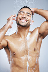 Poster - Man, shower and soap with water on body for cleaning, skincare and wash on white studio background. Male person, foam and hygiene with clear liquid for health, wellness and self care in bathroom