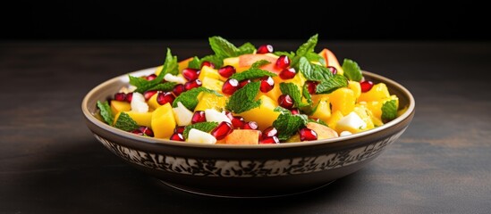 Wall Mural - Bowl filled with a refreshing mix of fruits including pomegranate seeds and mint leaves, perfect for a healthy snack or dessert. with copy space image. Place for adding text or design
