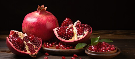 Leinwandbilder - Halved pomegranate with exposed seeds next to a bowl filled with more seeds. with copy space image. Place for adding text or design
