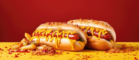 Leinwandbilder - A pair of hot dogs topped with mustard and ketchup placed on a vibrant yellow table, along with potato chips on the side. with copy space image. Place for adding text or design