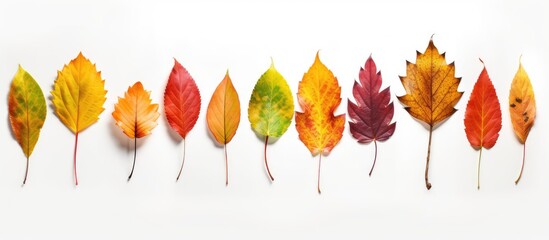 Aufkleber - Various colored autumn leaves arranged in a row, isolated on a clean white background. with copy space image. Place for adding text or design