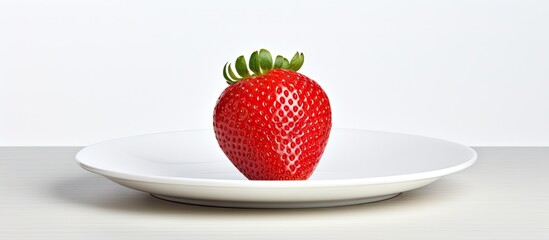 Poster - Fresh single strawberry displayed on a clean white plate. with copy space image. Place for adding text or design