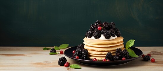 Wall Mural - A single pancake topped with juicy blackberries served on a white plate. with copy space image. Place for adding text or design