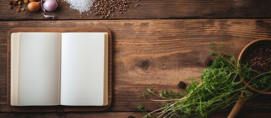 Aufkleber - An open recipe book with empty pages placed on a grey wooden background, encircled by an assortment of fresh vegetables, fruits, and nuts. with copy space image. Place for adding text or design