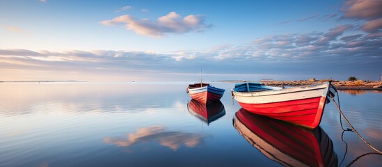 Wall Mural - Several boats are moored along the coastline under a cloudy sky, creating a serene coastal scene with a tranquil atmosphere. with copy space image. Place for adding text or design