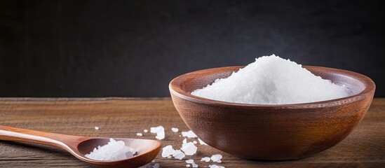Aufkleber - Wooden bowl containing a spoon and white sugar granules, with a focus on simplicity and natural materials. with copy space image. Place for adding text or design
