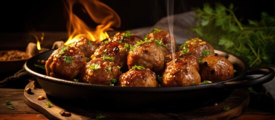 Poster - Sizzling meatballs cook close to a fiery backdrop, showcasing their deliciousness. with copy space image. Place for adding text or design