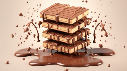 Wall Mural - Delightful Square Wafer Biscuit Covered in Rich Chocolate Splash, 3D Rendered Stock Illustration