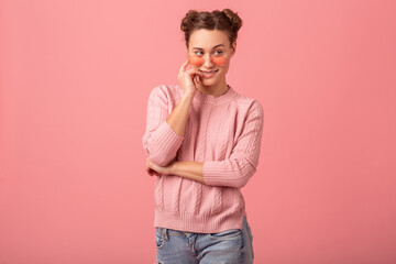 Wall Mural - young pretty cute woman in stylish outfit in pink sweater and sunglasses