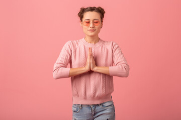 Wall Mural - young pretty cute woman in stylish outfit in pink sweater and sunglasses