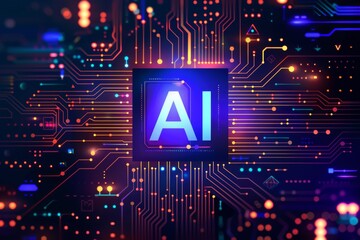 Advanced AI microchip with colorful circuits futuristic technology cyber interface modern processor digital innovation glowing tech vibrant design AI core high tech aesthetics neon glow