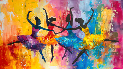 Wall Mural - Abstract Ballet Girls Oil Painting On Canvas - Ballerina Dress Dancer Textured Hand Painted Panoramic Painting - African girls dancing illustration watercolor wall art