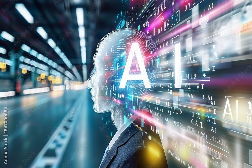 Digital AI face with glowing data streams futuristic technology cyber ...