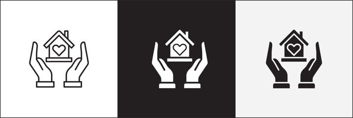 Donation icon. Charity icons. Hand with house symbol. Home donate icon. Vector stock icons collection in thin line and flat colors style design.