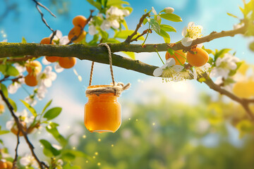 Apricot jar suspended with a rope, under tree branch of a apricot with blossoms and apricots in a green land nature. Spacy text.