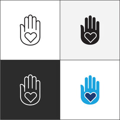 Wall Mural - Donation icon. Charity icons. A hand with love heart symbol. Vector stock icons collection in thin line and flat colors style design.