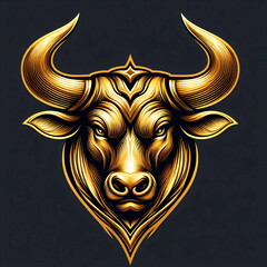 Gold and brass bull head emblem logo with stylish engraving isolated on black background.