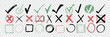 © redgreystock - Doodle hand drawn chalk check mark set. Charcoal pencil checklist icons, sketch checkboxes, tick and cross symbols. Crayon checkmark element. Color correct or incorrect marks on transparent background