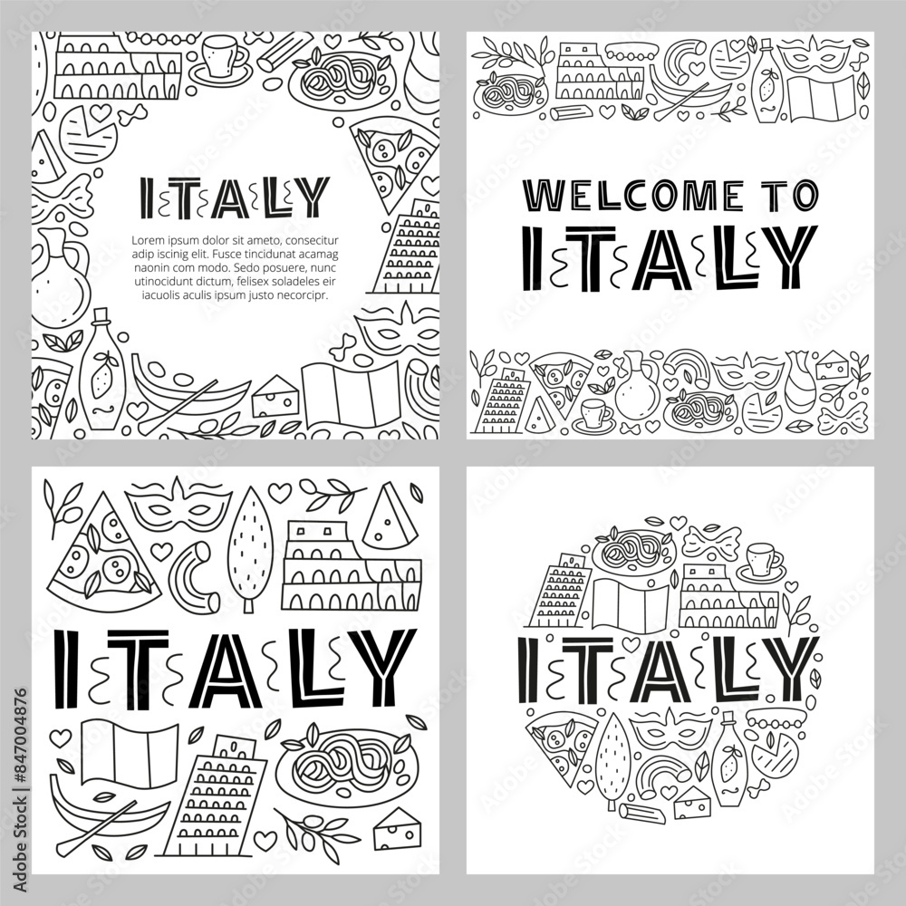 Set of posters with lettering and doodle outline Italia landmarks and ...