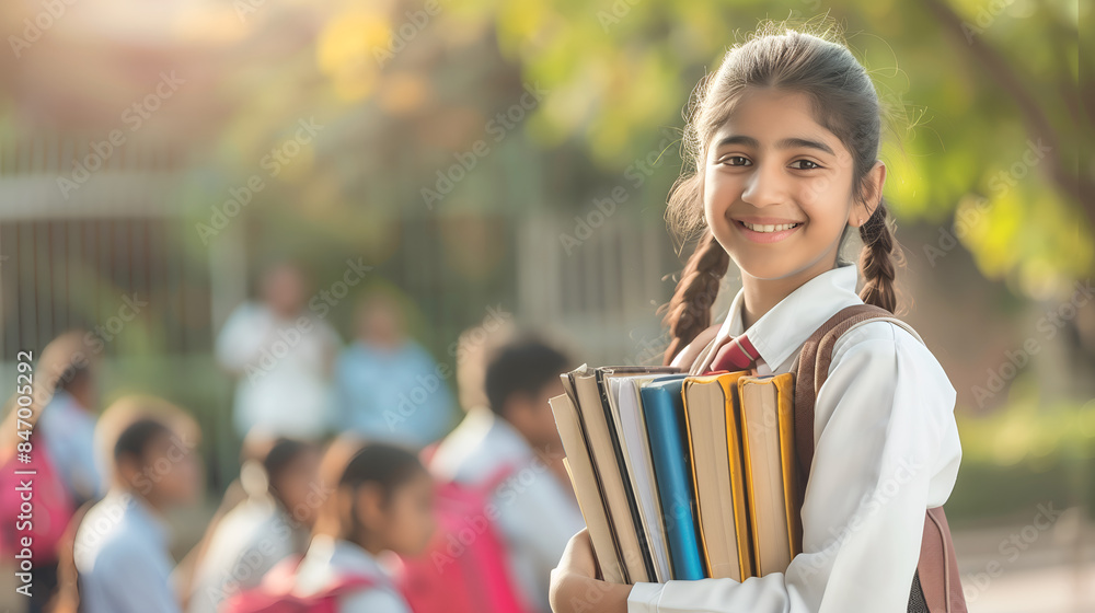 Indian young girl holding books in the school Stock Photo | Adobe Stock