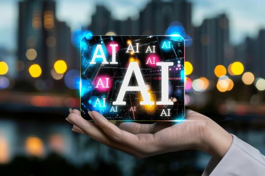 Hand holding AI concept with colorful letters digital creativity modern technology cyber aesthetics glowing tech artistic expression futuristic design advanced innovation vibrant colors