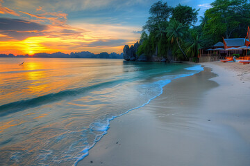 Poster - Tranquil Sunset Over Tropical Beach with Gentle Waves and Lush Greenery