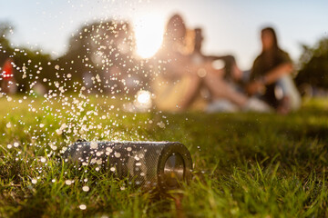 Wall Mural - wireless waterproof speaker of friends having fun together in park listening to music