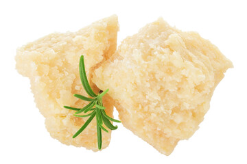 Wall Mural - Pieces of parmesan cheese with rosemary isolated on white background. Top view. Flat lay