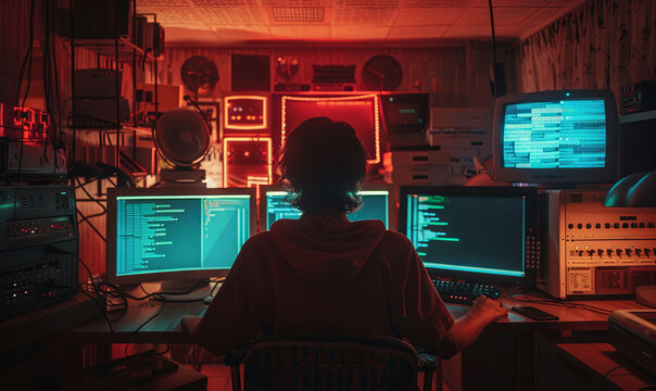 A man sits at a computer desk with several monitors and a keyboard