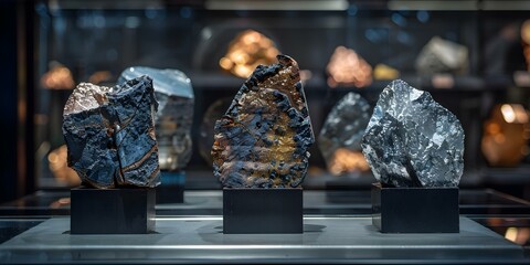 Three nickel ore samples displayed in a showcase. Concept Mineral Samples, Nickel Ore Display, Geological Specimens, Rock Collection, Quarantine Hobbies