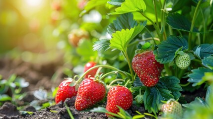 Wall Mural - A strawberry plant field with many red strawberries fruits hanging in branch