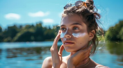 A woman applies sunscreen to her face while standing by a lake on a sunny day.