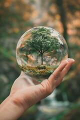 Wall Mural - A person holds a transparent glass sphere containing a small tree, great for nature and earth-themed designs