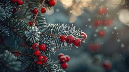 A close-up view of a pine tree branch covered in bright red berries, suitable for nature-themed designs or illustrations