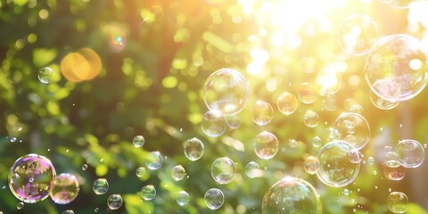 Wall Mural - bunch of bubbles floating in the air near a trees in the background with the sun shining through