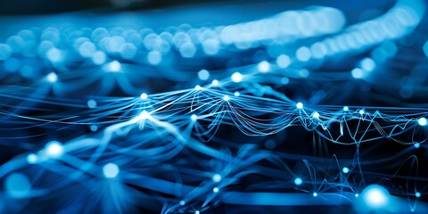 a blue abstract background with a lot of wires and lights in it