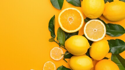 Wall Mural - A yellow background with a bunch of lemons and orange slices on it