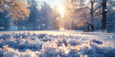 Wall Mural - snow covered park with trees and snow flakes on the ground