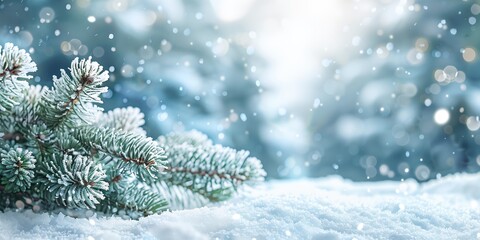 pine tree branch covered in snow in a winter scene with a boke and a blurred background