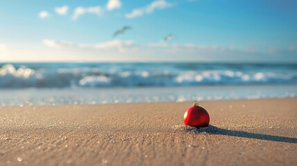 Wall Mural - A red christmas ornament is sitting on the beach
