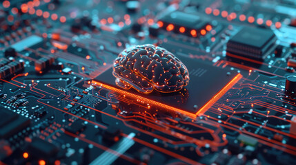 Wall Mural - A futuristic computer motherboard with a brain-shaped processor, highlighting the intersection of technology and intelligence