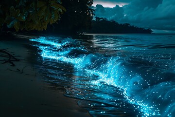 Wall Mural - Bioluminescent waves crashing onto a dark shore, illuminating the night