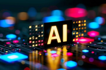 Sticker - Neon lit AI icon on a circuit board, representing the future of artificial intelligence and advanced digital technology