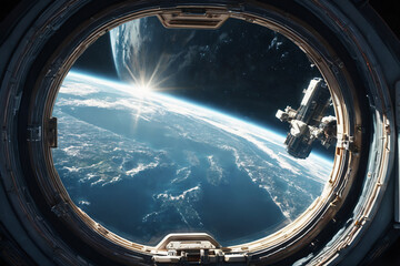 Wall Mural - View from the eluminator window to planet earth from a spaceship. Futuristic space station corridor overlooking a vibrant alien planet. View from a porthole of space station on the Earth.