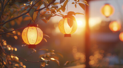 A bunch of yellow lanterns hang from a tree branch, ready to light up the night
