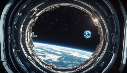 Wall Mural - View from the eluminator window to planet earth from a spaceship. Futuristic space station corridor overlooking a vibrant alien planet. View from a porthole of space station on the Earth.