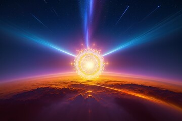 Wall Mural - bright orange sun with rays paints a colorful sunset across a blue sky with clouds