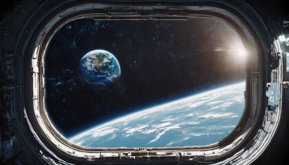 Wall Mural - View from the eluminator window to planet earth from a spaceship. Futuristic space station corridor overlooking a vibrant alien planet. View from a porthole of space station on the Earth.