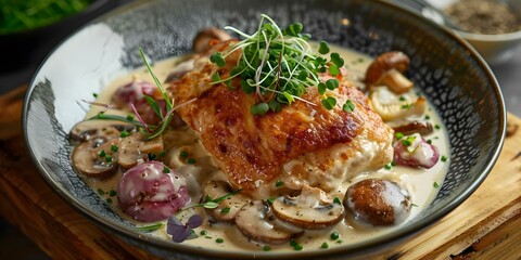 Wall Mural - Chicken Fricassee with White Wine Cream Sauce, Mushrooms, and Microgreens on a Wooden Platter. Concept Recipe, Chicken Fricassee, White Wine Cream Sauce, Mushrooms, Microgreens, Plating Ideas